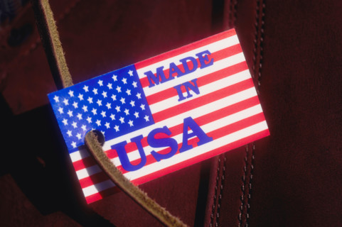 Close-up of Made in USA tag on leather boot. Chatham, New Jersey, United States