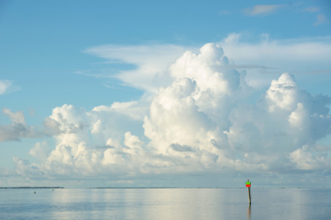 White puffy clouds over channel marker on Apalachicola Bay. Apalachicola, Florida, United States