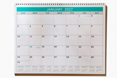 Blank January 2027 calendar. New york City, New York State, United States