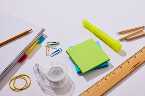 School supplies on white background. New York City, New York State, United States