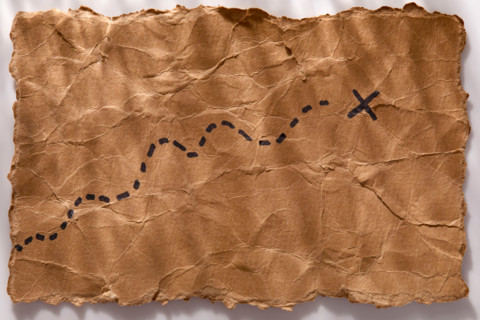 Close-up of ancient treasure map. New York City, New York State, United States