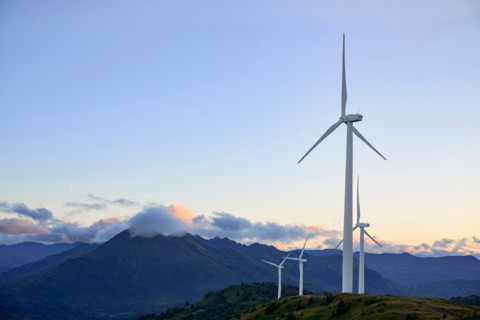 Wind turbines and mountains at sunset. Kodiak, Alaska, United States