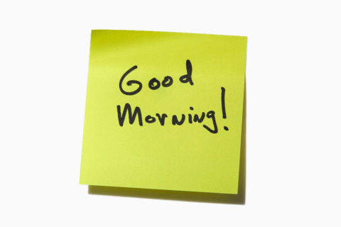 Good Morning on yellow post it note. New York City, New York State, United States