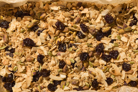 Close-up of homemade granola with raisins. New York City, New York State, United States