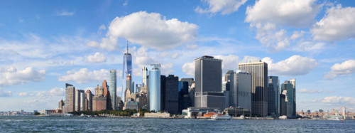 Manhattan skyline seen across water. New York City, New York State, United States