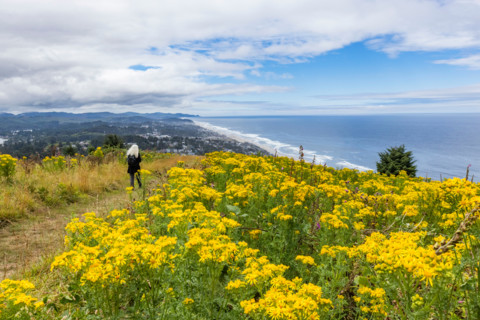 Woman on hilltop with yellow wildflowers with city and ocean in background. Lincoln City, Oregon,