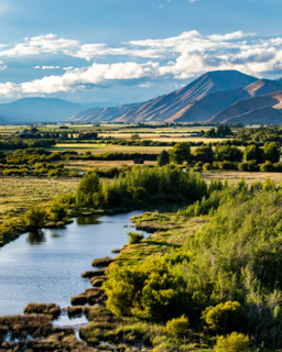 Silver Creek crossing field with hills in background. Bellevue, Idaho, United States