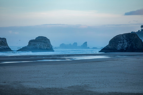 Ecola Creek flowing into Pacific Ocean. Cannon Beach, Oregon, United States