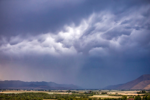Dark storm clouds over fields. Bellevue, Idaho, United States