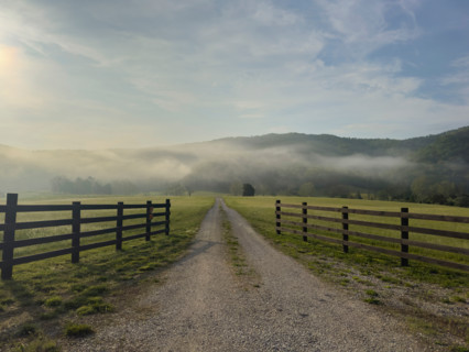 Dirt road and fields in mist at sunrise. Blacksburg, Virginia, United States