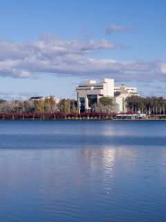 High Court of Australia viewed from across Lake Burley Griffin. Canberra, Australian Capital