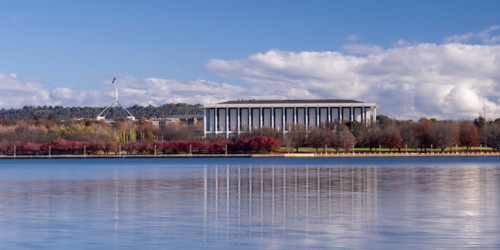National Library of Australia and Parliament House across Lake Burley Griffin. Canberra, Australian