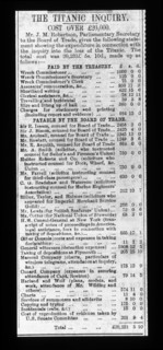 Article détaillant le coût de l’enquête de la Chambre du Commerce sur le naufrage du RMS Titanic