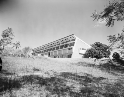 Modern building at Makerere Hill. A modern building with numerous windows and a sloping roof in the