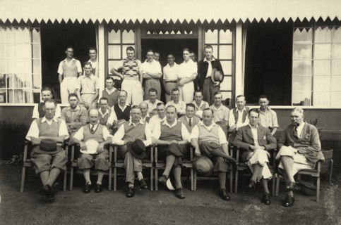 Railway golfers at Muthaiga Club. Informal outdoors portrait of a group of European men wearing