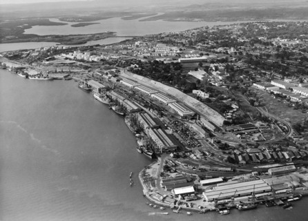 Aerial view of Kilindini harbour. Kilindini harbour on the south west side of Mombasa Island is one