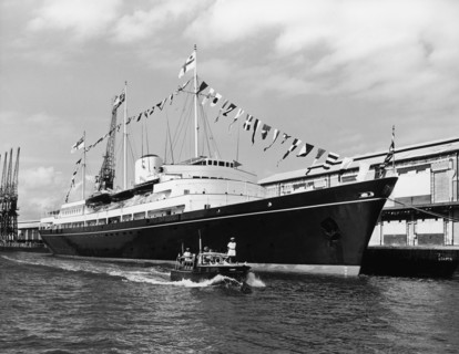 Royal yacht HMS Britannia at Kilindini harbour. A publicity photograph from the East African