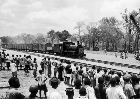 People greet the first train to Nachingwea. A publicity photograph from the East African Railways