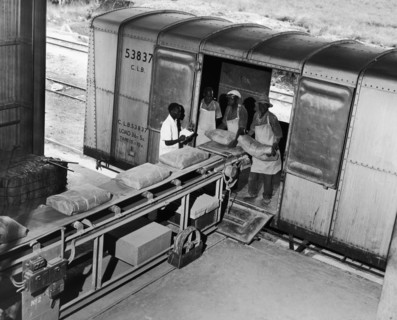 Loading cement onto a train. A publicity photograph from the East African Railways and Harbours