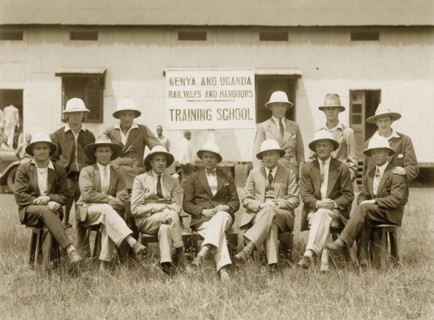 Railway training staff. Group portrait of the teaching staff at the training school of the Kenya