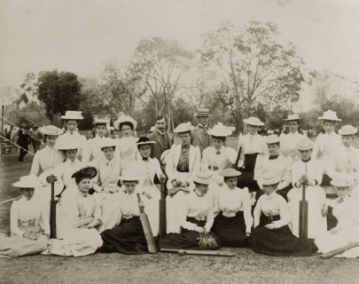 Victorian ladies' cricket. Two ladies' cricket teams in their sporting whites pose for the camera