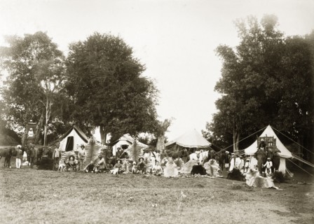 Big game hunting party. Animal trophies on display at the campsite of a hunting party headed by