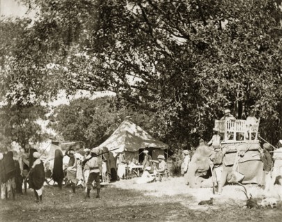 Leaving for the tiger hunt. The campsite of a hunting party bustles with activity in preparation