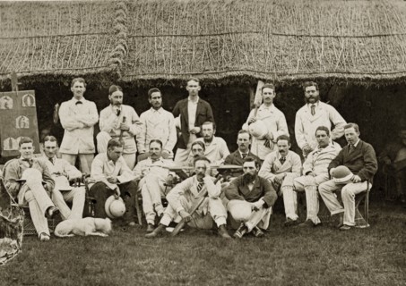 Satara and Poona cricket teams. Group portrait of the Satara and Poona cricket teams dressed in