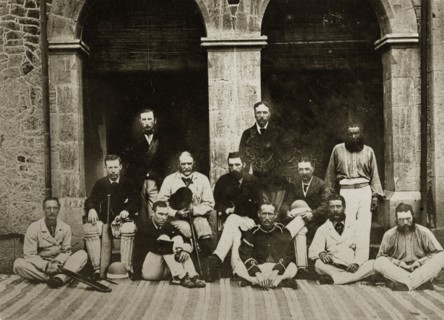 Satara and Poona cricket teams. Group portrait of the Satara and Poona cricket teams dressed in