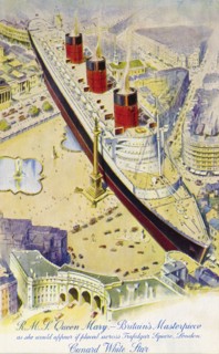 RMS Queen Mary in Trafalgar Square. Postcard of a fantastical drawing depicting the RMS Queen Mary
