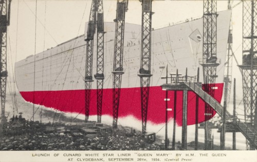 Launch of RMS Queen Mary. Postcard of a drawing that depicts the launch of RMS Queen Mary from her