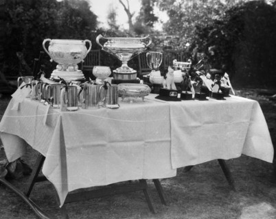 Golf trophies, Burma (Myanmar). A selection of golf trophies are arranged on a table at an awards