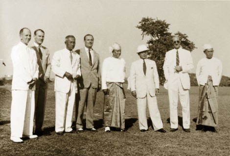 Rangoon Golf Club council. Outdoors group portrait of members on the Rangoon Golf Club council.