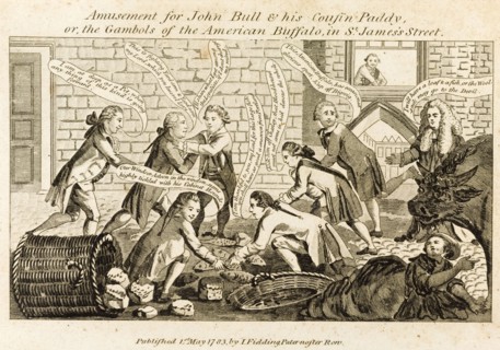 The Gambols of the American Buffalo in St James' Street'. Originally captioned 'The Gambols of the