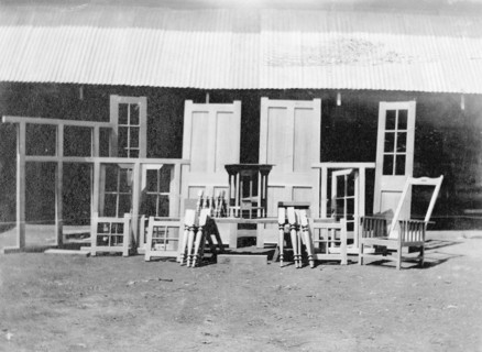 Furniture exhibition. Furniture on exhibition including doors, window frames, chairs, tables and