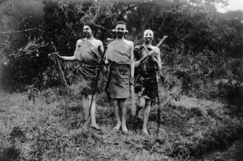 Nandi youths during circumcision rites. Three Nandi youths in seclusion during their circumcision