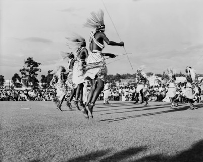 Watusi dancers at the Kampala Trade Show. Male Watusi dancers wearing traditional costume and
