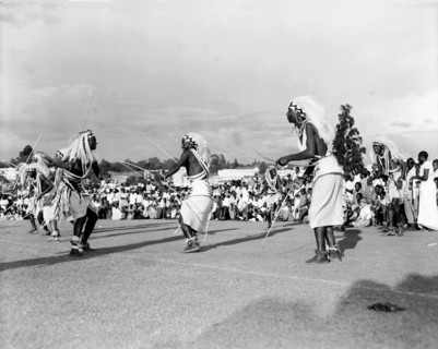 Watusi dancers at the Kampala Trade Show. Male Watusi dancers wearing traditional costume and