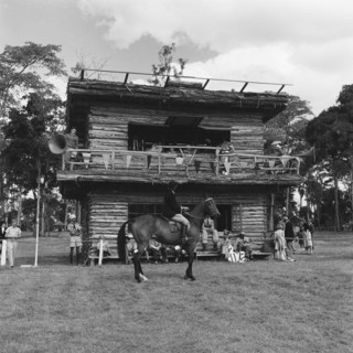 Reporters box at the SJAK show. A rider in the class 14 gambler stakes pauses in front of a