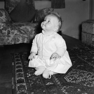 Baby at the Russel's house. A baby sitting on a patterned rug at the Russel's family house looks
