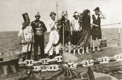 Crossing the line'. Crew members dressed in costume as King Neptune and his court for a 'crossing