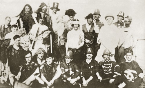 Crossing the line'. Crew members dressed in costume as King Neptune and his court for a 'crossing