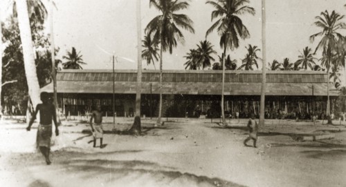 Dar es Salaam market building. An African market building surrounded by tall coconut tress. Dar es