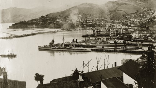 Naval ships at Lyttleton harbour. View across the harbour at Lyttleton showing the naval warships