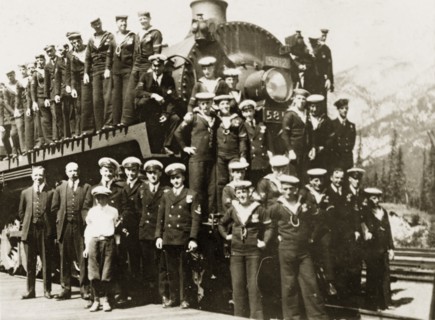 Trip to the Rockies. Uniformed sailors in the British Special Service Squadron pose for the camera