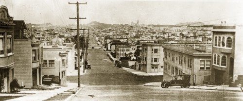 Taylor Street, San Francisco. Two and three storey buildings stretch away into the distance along a
