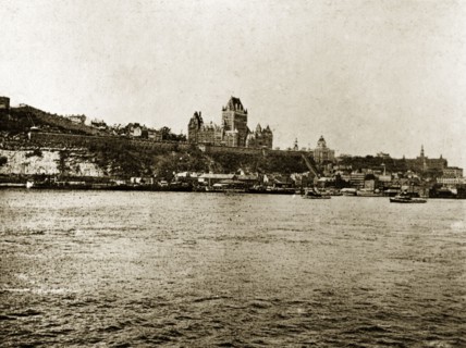 Quebec waterfront. The grandiose Chateau Frontenac Hotel overlooks the waterfront. Quebec, Canada,