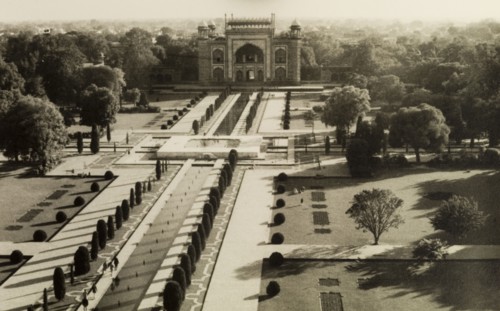 Gardens and gateway of the Taj Mahal. View of the formal 'charbagh' gardens at the Taj Mahal,