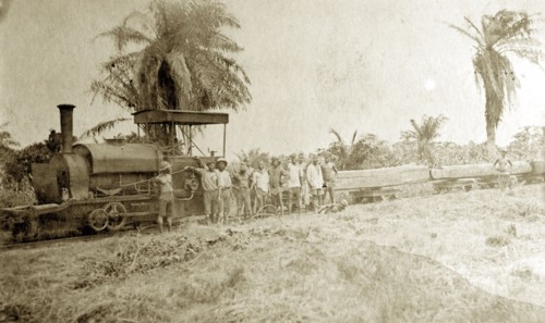 Transporting timber, Western Africa. Mahogany timber is transported along the coast on railway