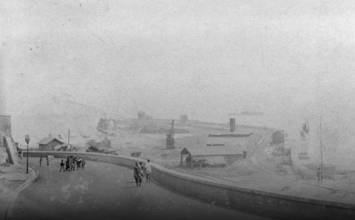 Accra harbour. View of Accra harbour taken from a wide road leading down a hillside. Accra, Gold